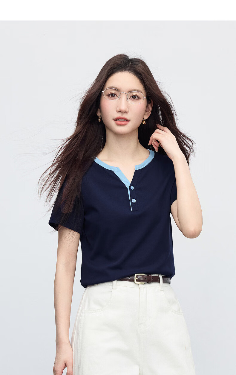 Sllsky Women's Short Sleeve T-Shirt 2026 Summer New Fashion Casual Colorblock Henley Neck Youthful Top 19