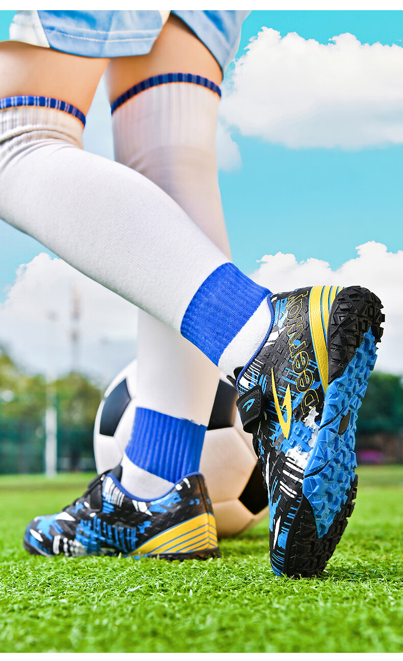 Delhui Kids Soccer Shoes TF Turf Studs 6-12 Years Old Slip-On School Grass Football Training Black Blue Yellow Size 32 19