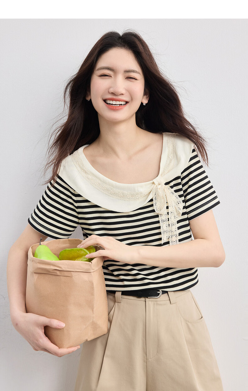 Sllsky French Lace Bow Striped Short Sleeve T-Shirt Women 2026 Summer Boutique Doll Shirt Top 13