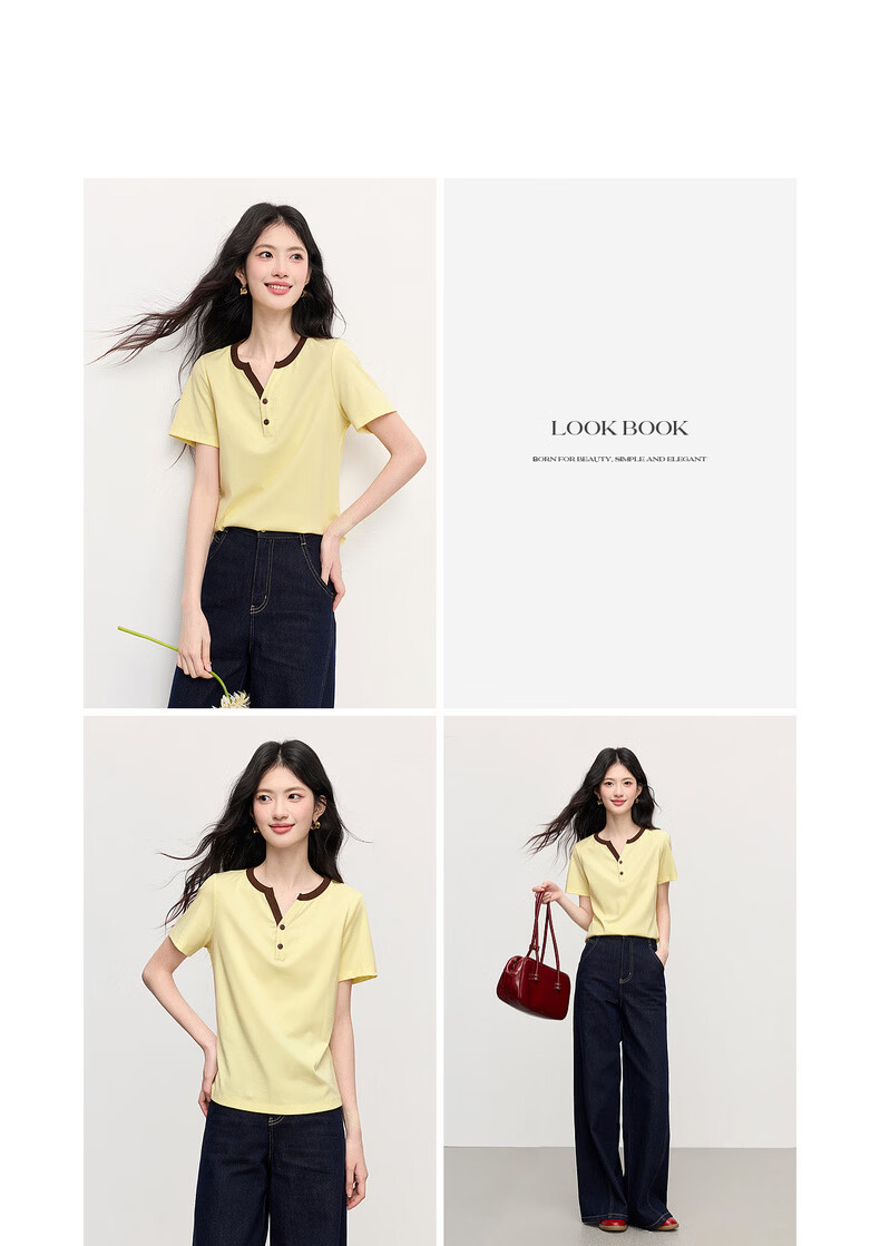 Sllsky Women's Short Sleeve T-Shirt 2026 Summer New Fashion Casual Colorblock Henley Neck Youthful Top 18