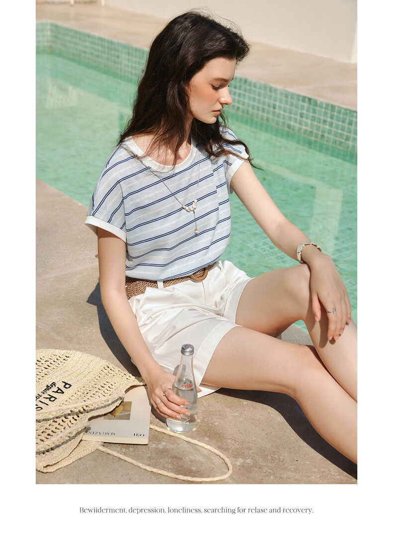 Olrain Summer New Blue and White Color Block Striped Loose Casual Commuting Short Sleeve T-Shirt for Women Striped L 14
