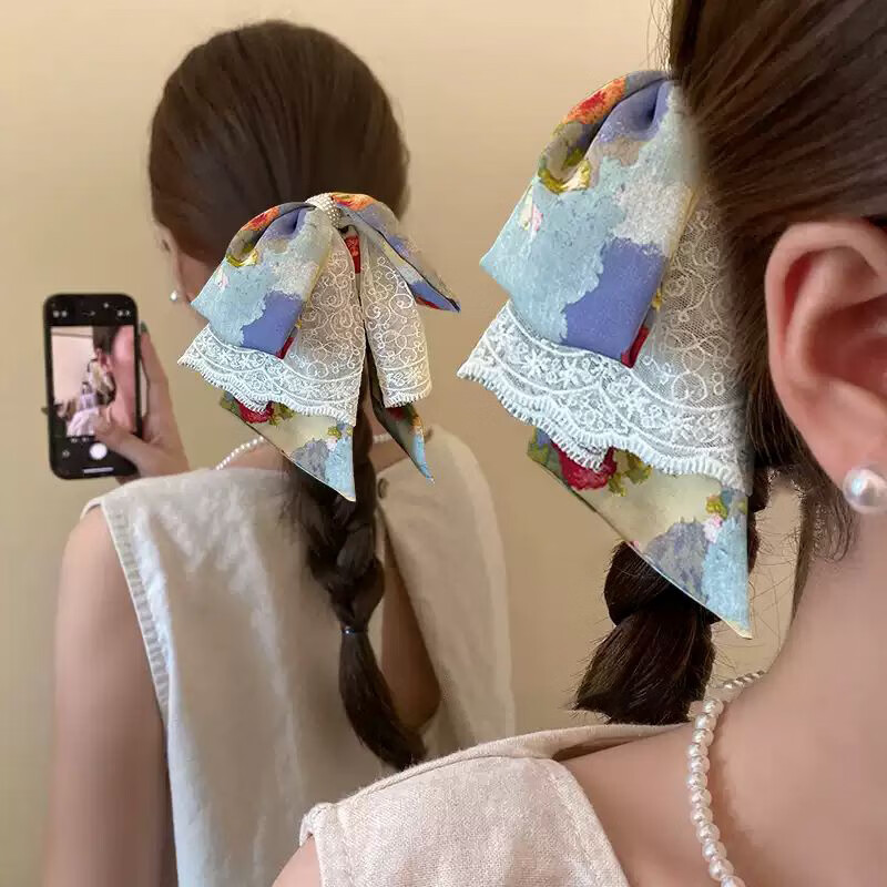 Yidier Oil Painting Style Lace Bow Ponytail Hair Claw Clip Women's Elegant Back Hair Clip Updo Shark Clip Hairpin Hair Accessory 1