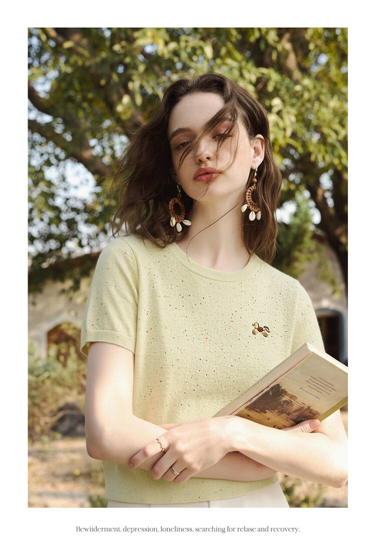 Olrain Casual Simple Color Dot Yarn Pony Embroidery Knit Pullover Women's Summer Top Yellow S 31