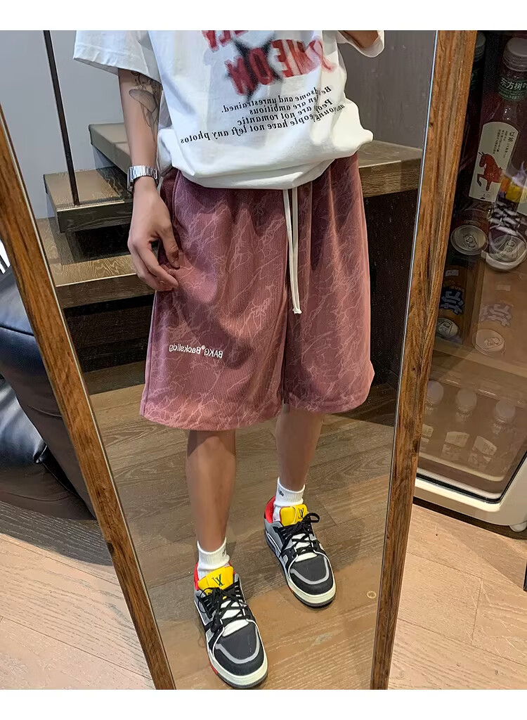 NASA MARVEL American Style Tie-Dye Letter Men's Shorts Summer New Ice Silk Thin Beach Sports Casual Straight Loose Knee-Length Pants 9
