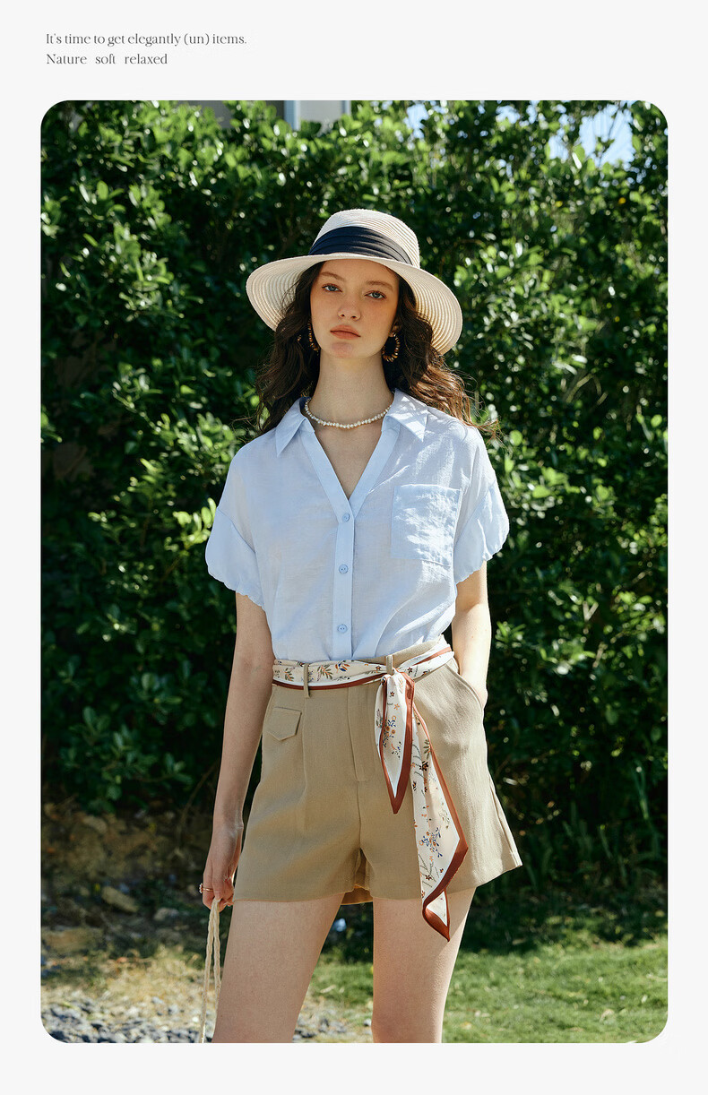 Olrain Eurier Summer New Tencel Puff Sleeve V-Neck Short Sleeve Shirt Women Loose Commuting Top Blue S 7