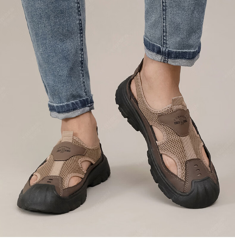 Yidisen Summer Genuine Breathable Water-Resistant Hiking Sandals for Men Hollow Out Beach Shoes Mesh Toe Cap Coffee Color Size 39 19