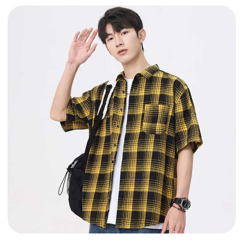 Woodpecker Casual Versatile Plaid Shirt Men 2026 Summer Trendy Ins Thin Loose Short Sleeve Top Black M 18