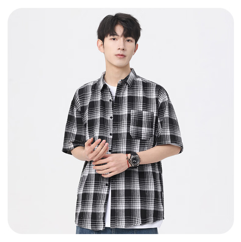 Woodpecker Casual Versatile Plaid Shirt Men 2026 Summer Trendy Ins Thin Loose Short Sleeve Top Black M 15