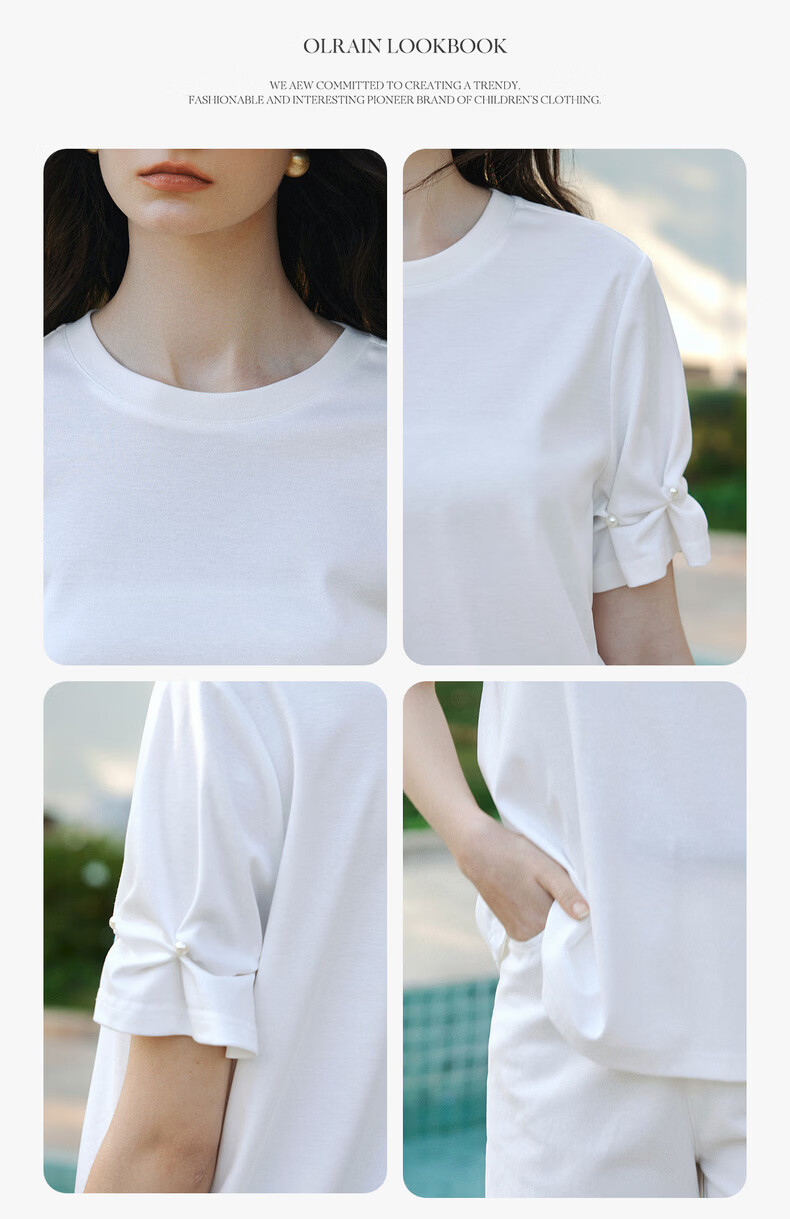 Olrain Summer New Ribbed Crew Neck Deconstructed Gathered Cuff Short Sleeve T-Shirt for Women, Off-White, Size S 6
