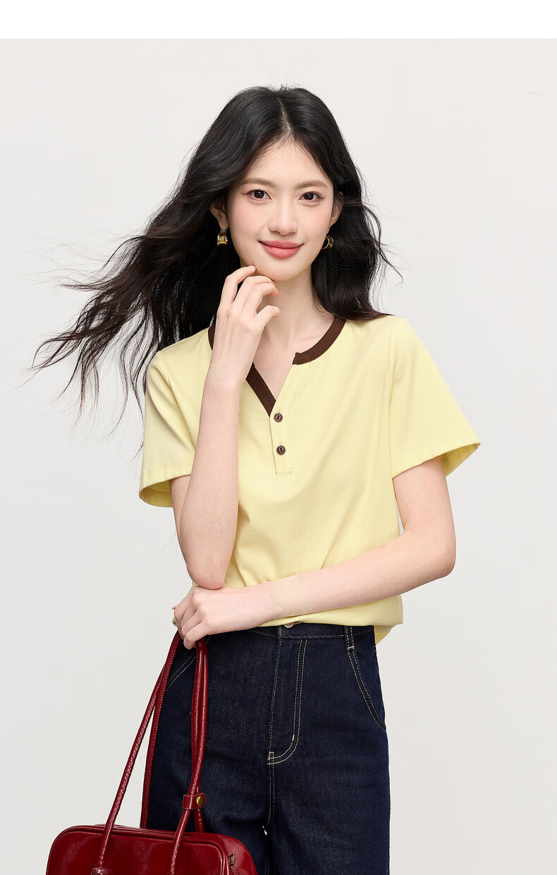 Sllsky Women's Short Sleeve T-Shirt 2026 Summer New Fashion Casual Colorblock Henley Neck Youthful Top 17
