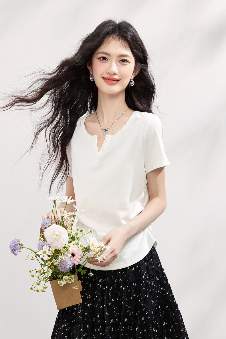 Sllsky Slim Fit Shoulder-Structured Short Sleeve T-Shirt for Women 2026 Summer New Waist-Accentuating Top 11