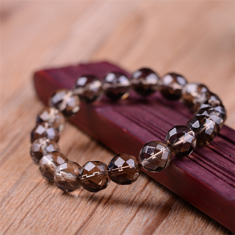 湦水饰阁 128刻面茶水晶手链切面茶晶手串烟晶手链男女情侣饰品手串