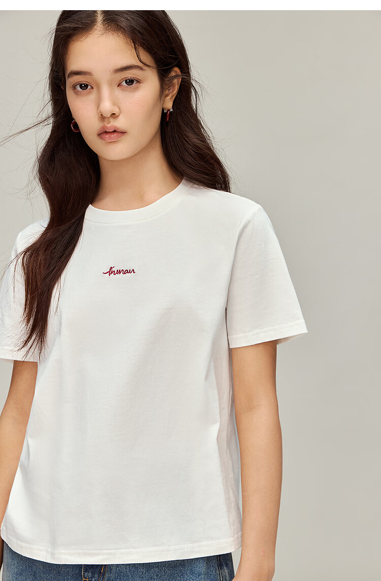 INMAN Classic Cotton Embroidered Crew Neck Short Sleeve T-Shirt Spring 2026 Women's Casual Basic Pearl White M 8