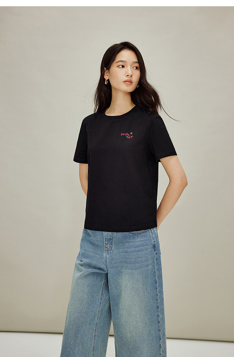 INMAN Classic Cotton Embroidered Crew Neck Short Sleeve T-Shirt Spring 2026 Women's Casual Basic Pearl White M 16