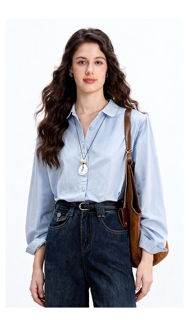 ENC Blue Long Sleeve Shirt Spring Autumn New French Style Designer Niche Casual Commuter Petite Top 16