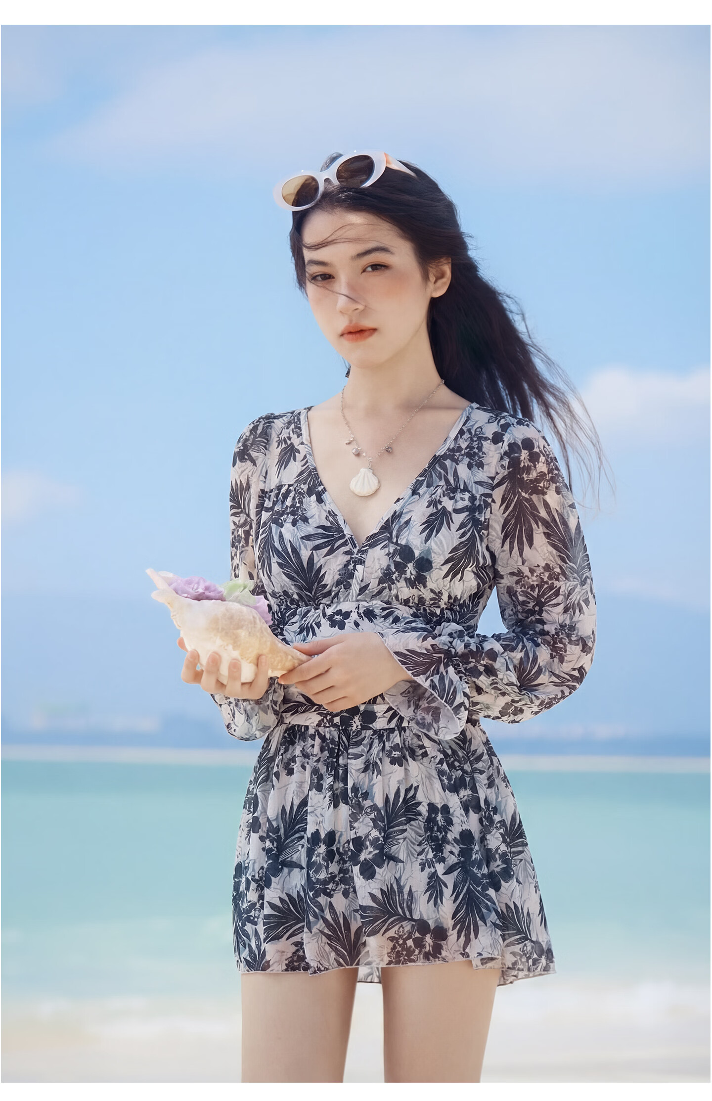 Sanqi Women's One-Piece Swimsuit Skirt Style V-Neck Tummy Control Slimming Vacation Hot Spring Long Sleeve Plus Size Fairy Style Swimwear 2XL 23