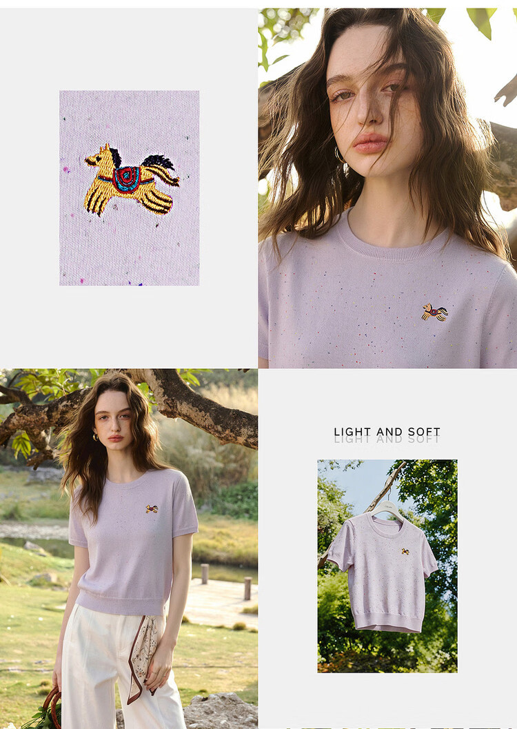 Olrain Casual Simple Color Dot Yarn Pony Embroidery Knit Pullover Women's Summer Top Yellow S 13