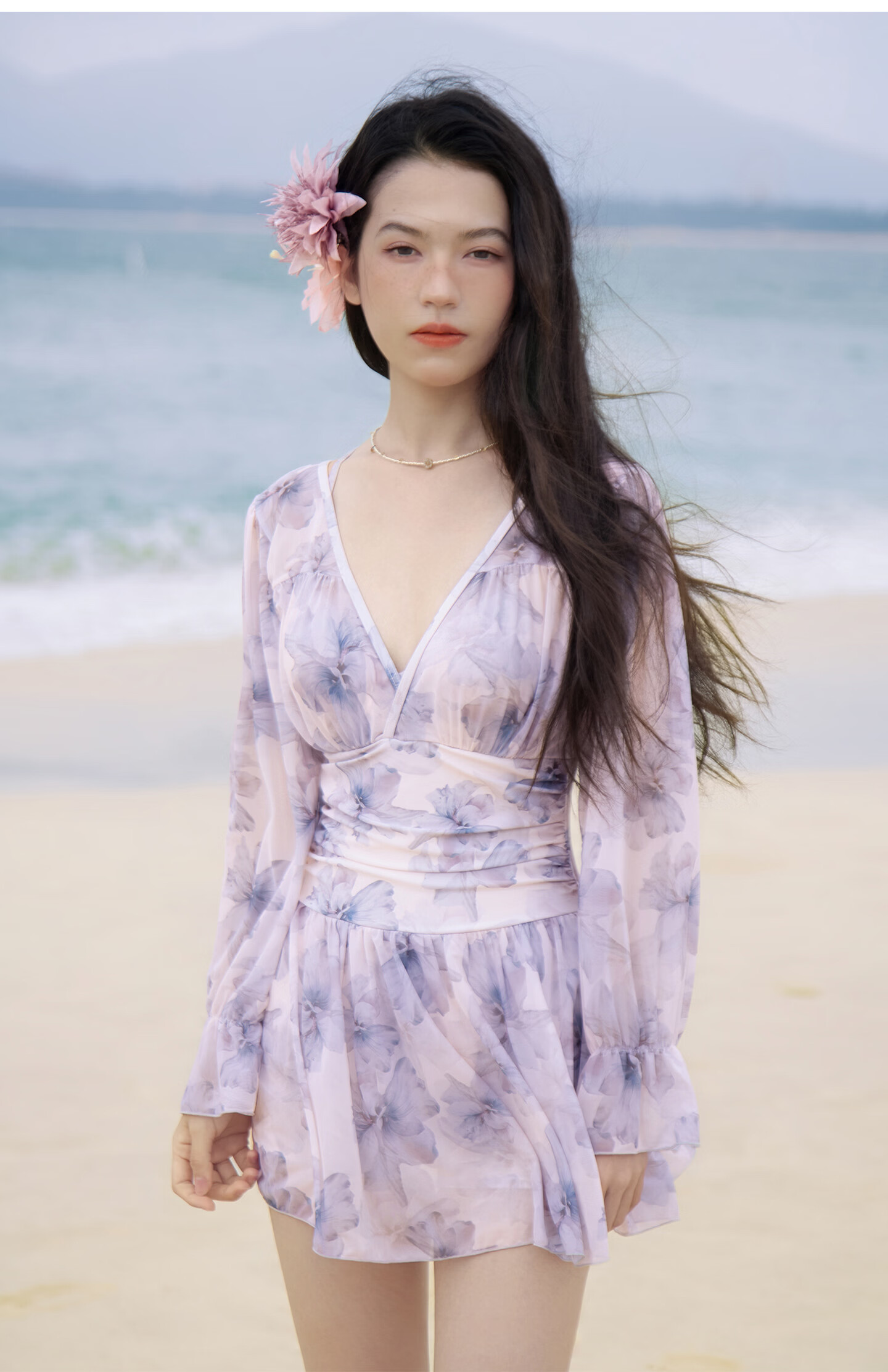 Sanqi Women's One-Piece Swimsuit Skirt Style V-Neck Tummy Control Slimming Vacation Hot Spring Long Sleeve Plus Size Fairy Style Swimwear 2XL 5
