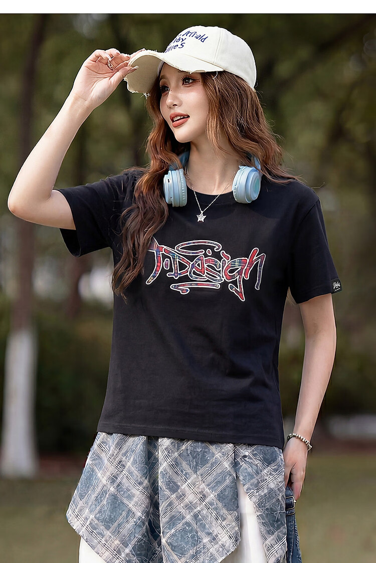 TonLion [Guan Xiaotong Same Style] Tang Lion 2026 Summer Women's Short Sleeve T-Shirt Trendy Plaid Black Loose Top 6