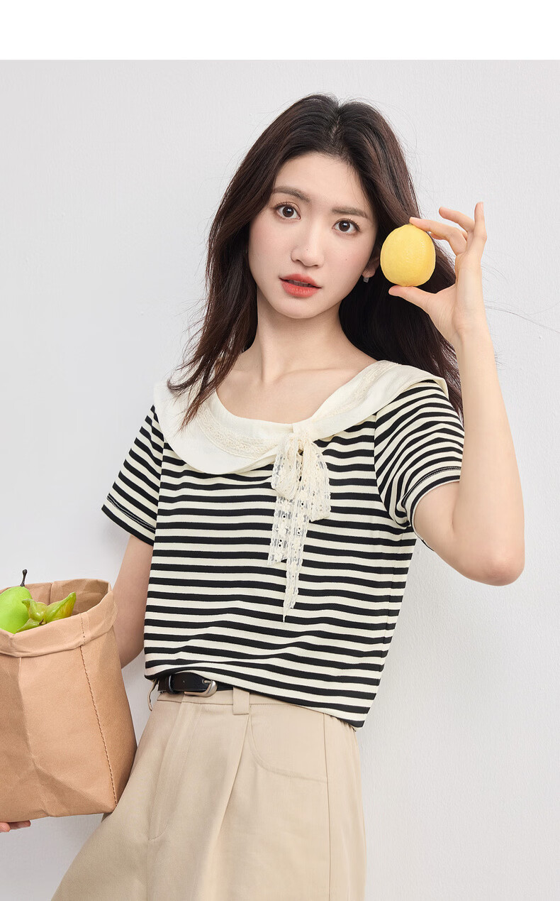Sllsky French Lace Bow Striped Short Sleeve T-Shirt Women 2026 Summer Boutique Doll Shirt Top 12
