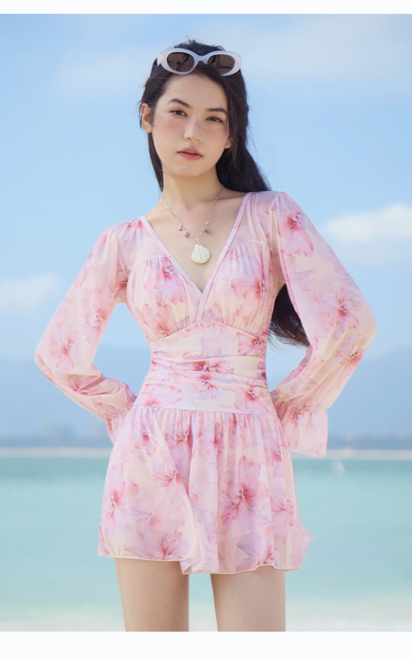 Sanqi Women's One-Piece Swimsuit Skirt Style V-Neck Tummy Control Slimming Vacation Hot Spring Long Sleeve Plus Size Fairy Style Swimwear 2XL 21