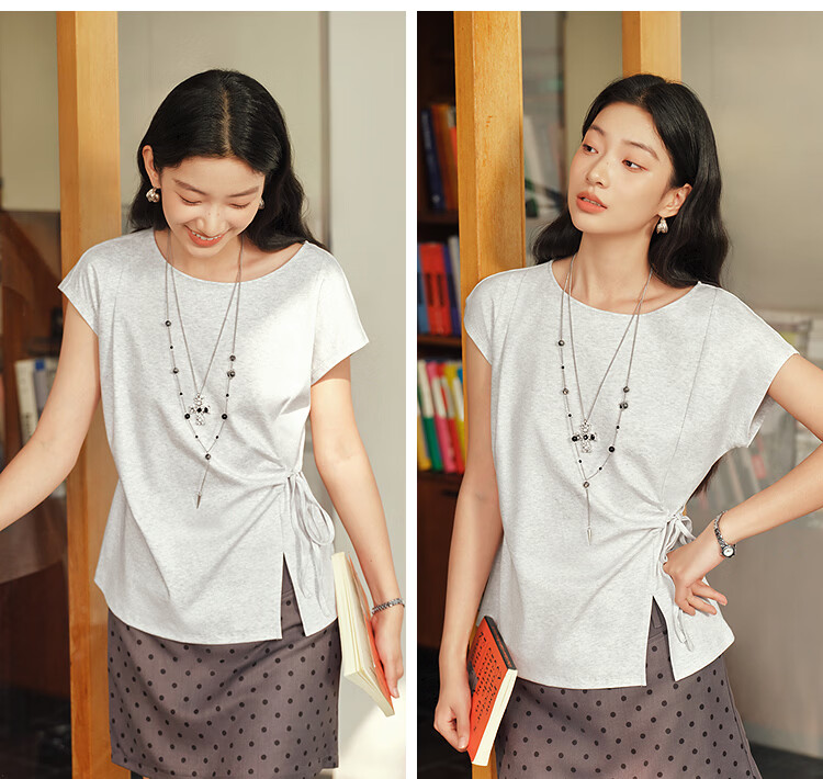 Semir Senrou Women's Summer T-Shirt Off-Shoulder Bow Split Pure Cotton 2026 Gentle Style 109326100010 20