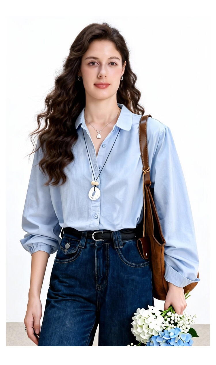 ENC Blue Long Sleeve Shirt Spring Autumn New French Style Designer Niche Casual Commuter Petite Top 9