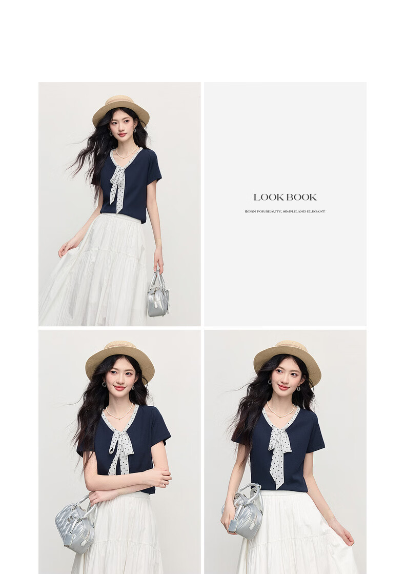 Sllsky Polka Dot Bow Tie V-Neck T-Shirt for Women 2026 Summer New Fashion Casual Short Sleeve Top 16