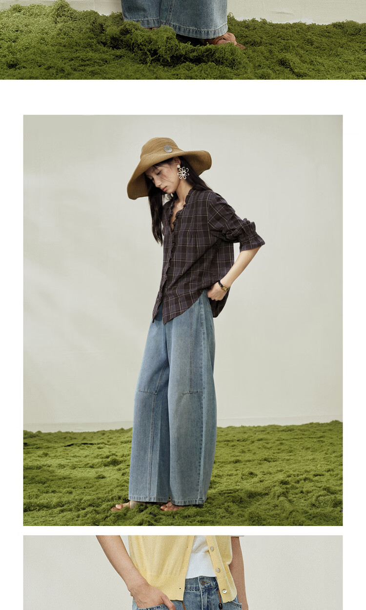 Giordano Designer 2026 Summer Retro Style Semi-Elastic Waist Wide-Leg Curved Hem Jeans for Women 18416206 10