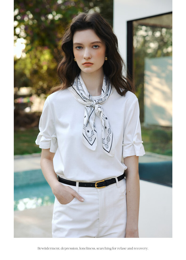 Olrain Summer New Ribbed Crew Neck Deconstructed Gathered Cuff Short Sleeve T-Shirt for Women, Off-White, Size S 11