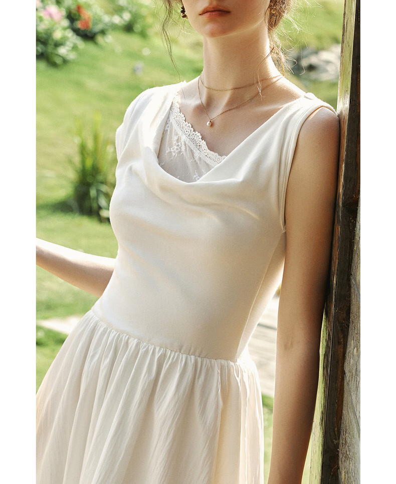 Olrain Eurielle Summer Lyocell Dress French Asymmetric Off-Shoulder Lace Splice Waist Dress White L 12