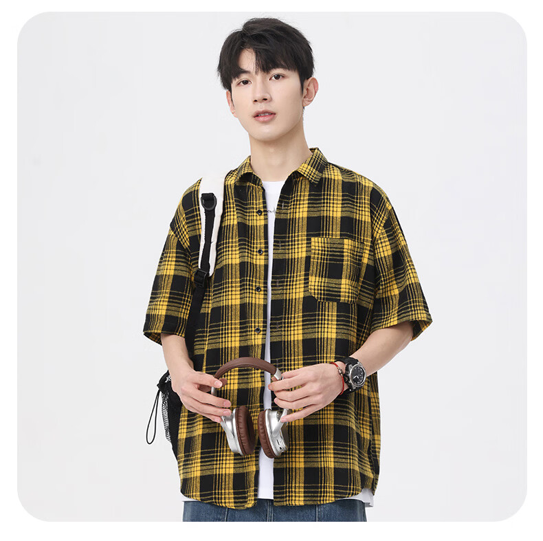 Woodpecker Casual Versatile Plaid Shirt Men 2026 Summer Trendy Ins Thin Loose Short Sleeve Top Black M 19