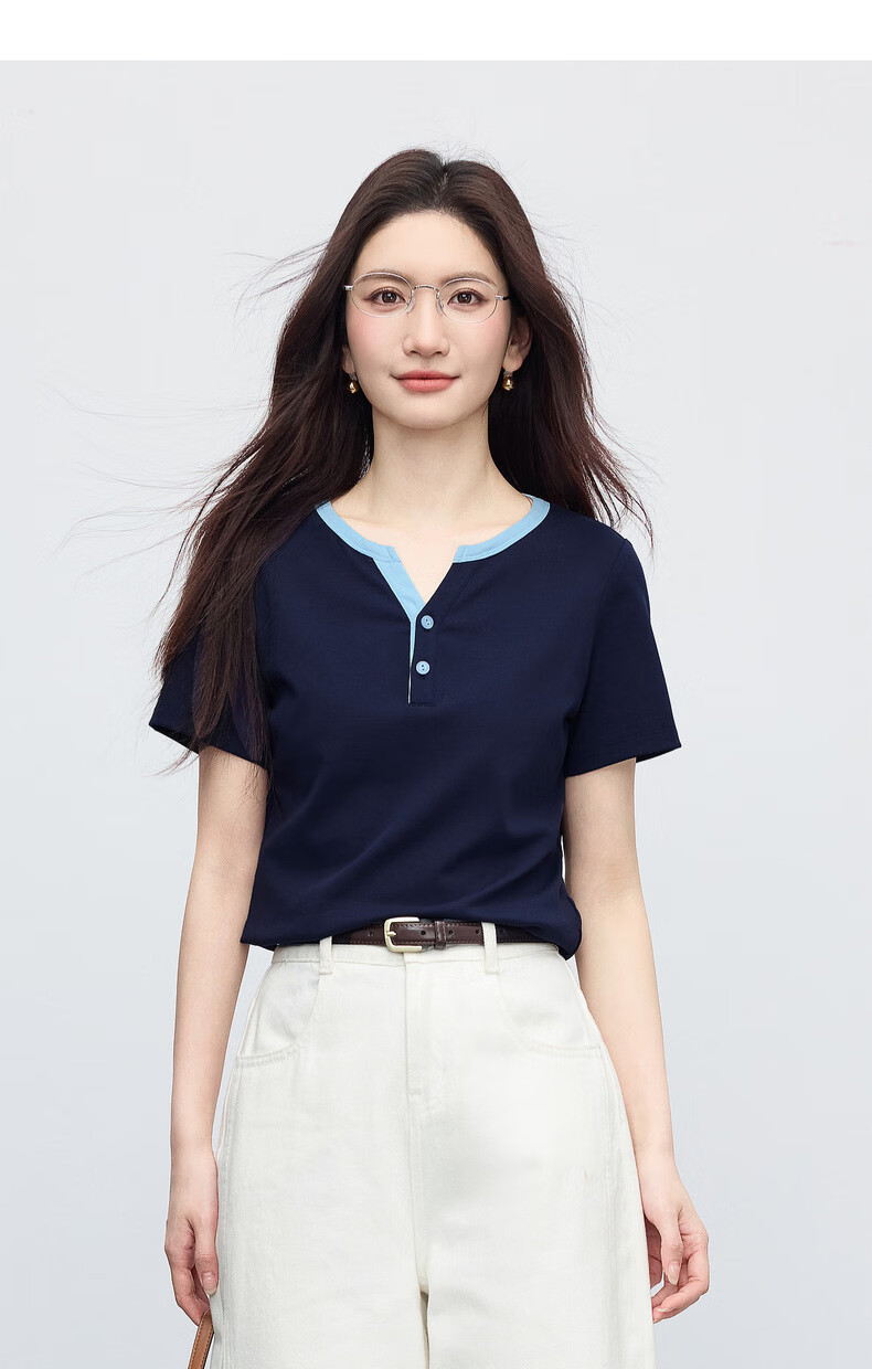 Sllsky Women's Short Sleeve T-Shirt 2026 Summer New Fashion Casual Colorblock Henley Neck Youthful Top 20