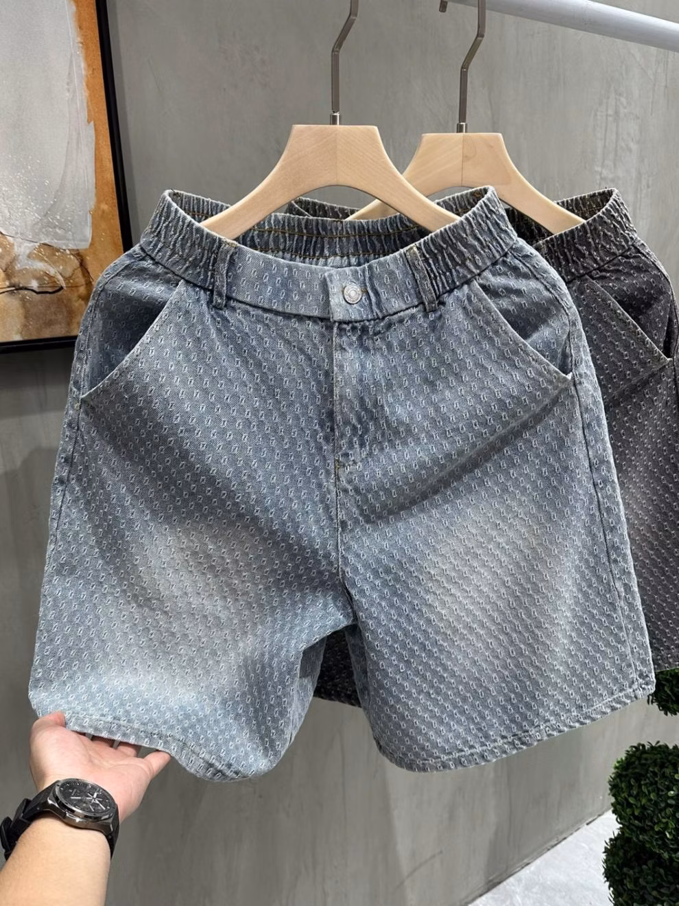Retro Old Jacquard Denim Shorts Men's Summer American Vibe Ruffian Handsome Casual Pants Loose Straight Five-point Pants, Black M_viptrois.com
