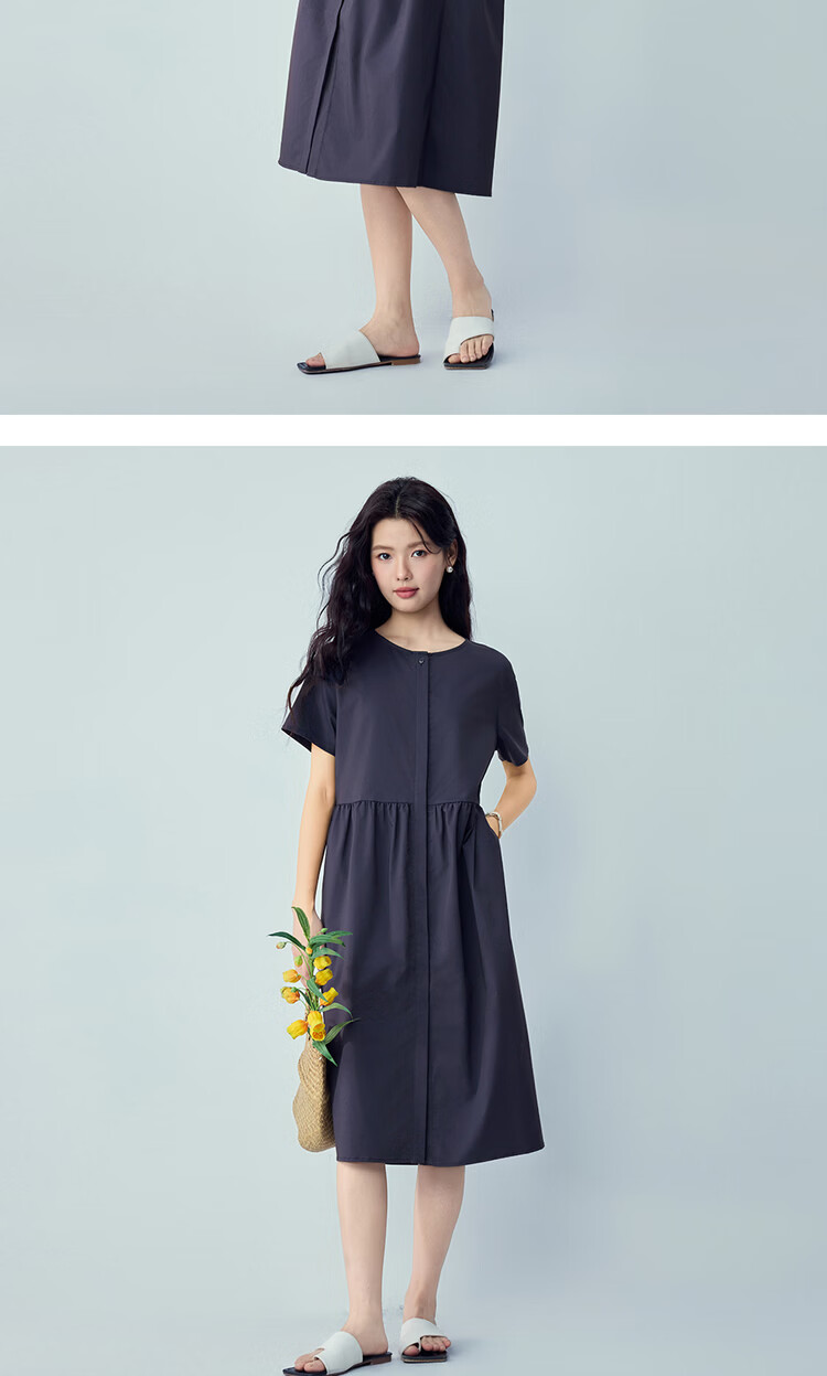 Giordano Women's Short Sleeve Dress Summer New Black Technology Cooling Antibacterial Round Neck Pleated Dress 05466335 15