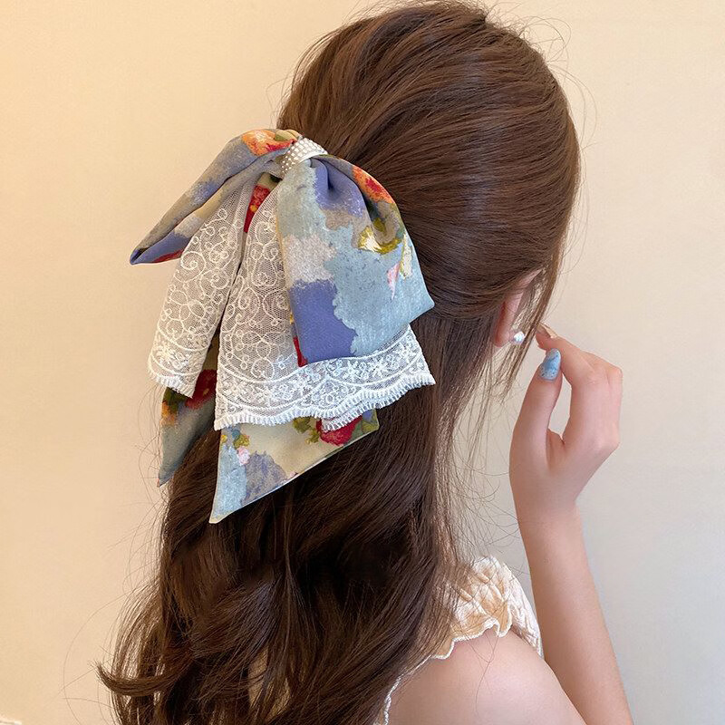 Yidier Oil Painting Style Lace Bow Ponytail Hair Claw Clip Women's Elegant Back Hair Clip Updo Shark Clip Hairpin Hair Accessory 3