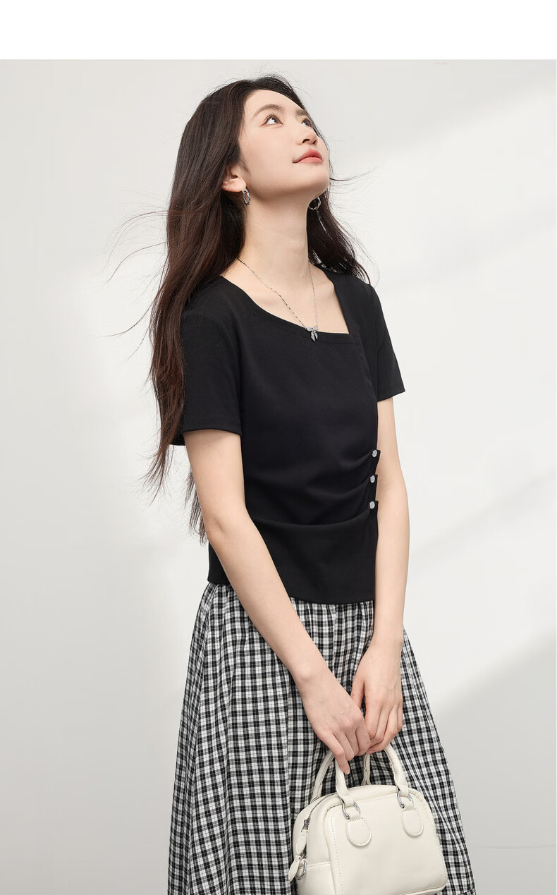 Sllsky Irregular Pleated Waist-Slimming Short Sleeve T-Shirt Women Summer Designer Short Square Neck Top 12