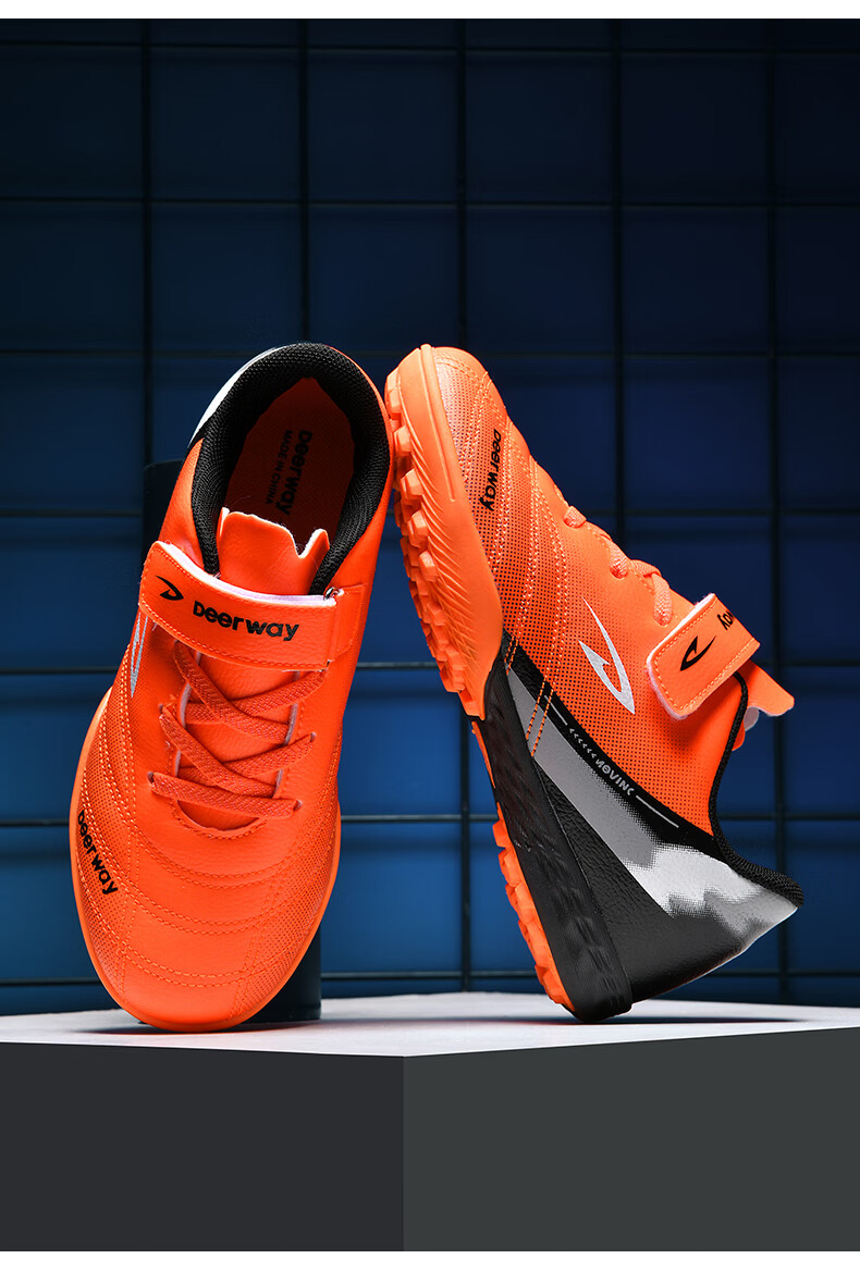 Deerway Kids Soccer Shoes 6-12 Years Velcro Slip-On Non-Tie Large Kids Anti-Slip TF Turf Cleats Coral Orange Size 37 32