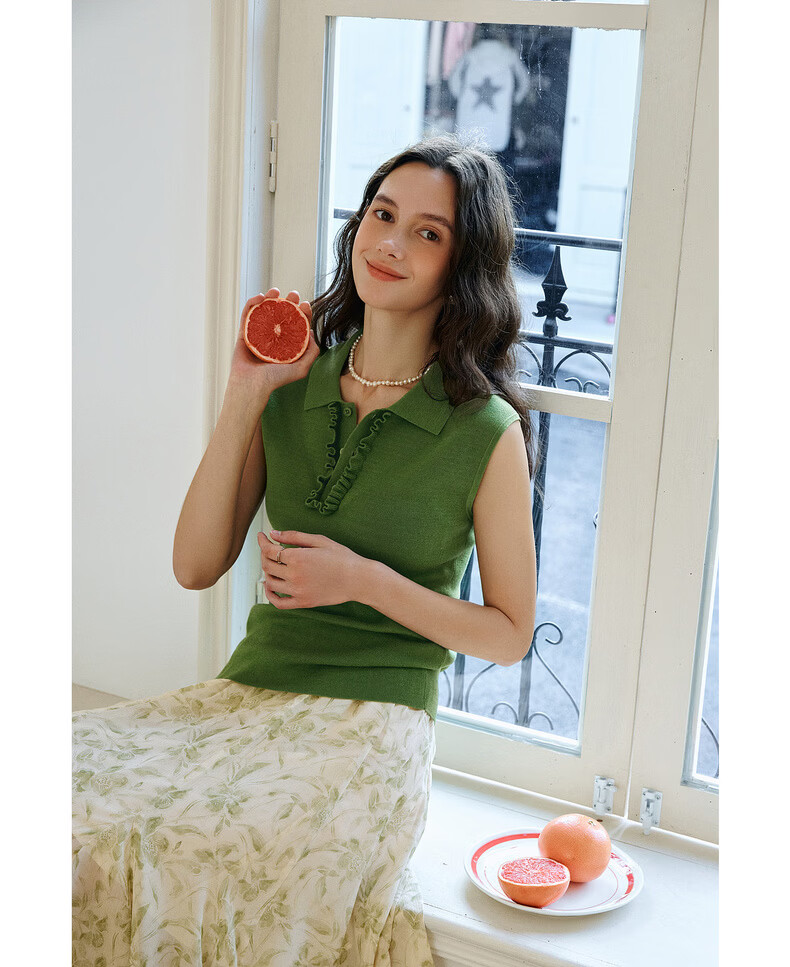 Olrain Eurielle Summer New Retro Brightening Green Polo Collar Slim Fit Short Sleeve Knit Top Women Green XL 10