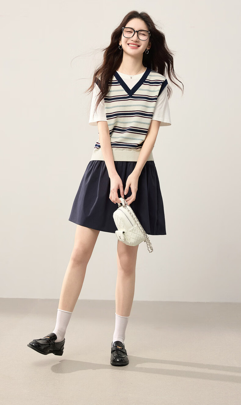 Sllsky College Style Colorblock Striped Patchwork Faux Two-Piece Wool Short Sleeve Knit Top Women 2026 Summer New Arrival 5