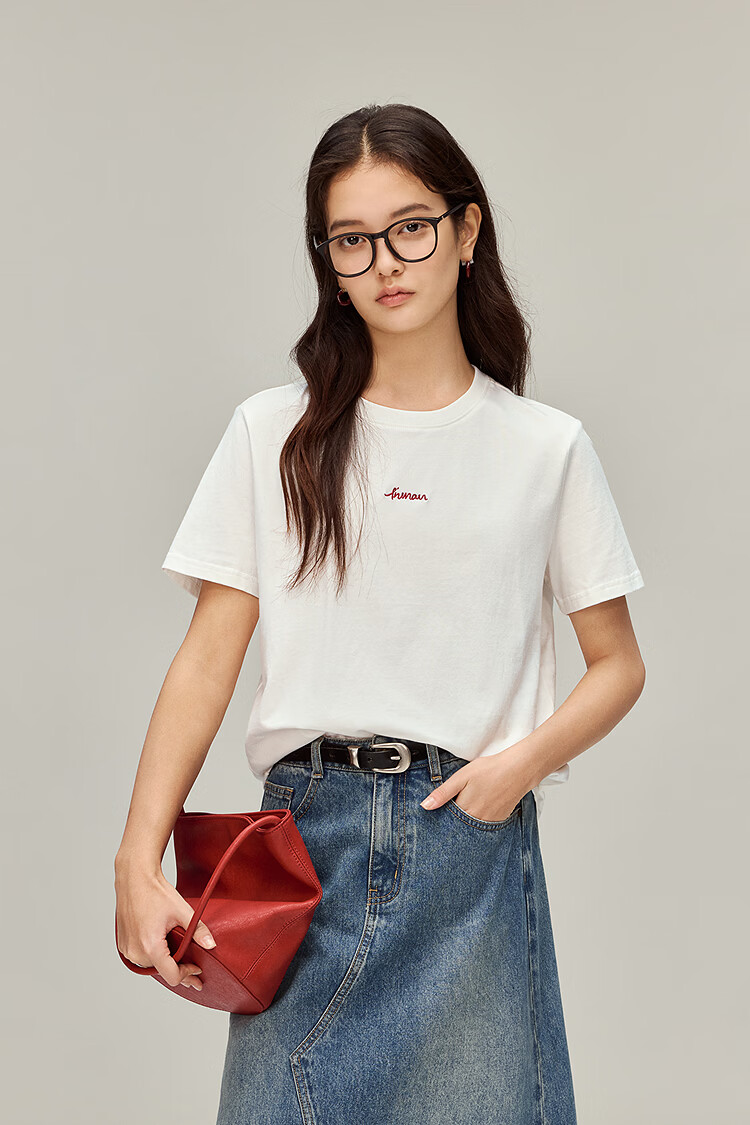INMAN Classic Cotton Embroidered Crew Neck Short Sleeve T-Shirt Spring 2026 Women's Casual Basic Pearl White M 2