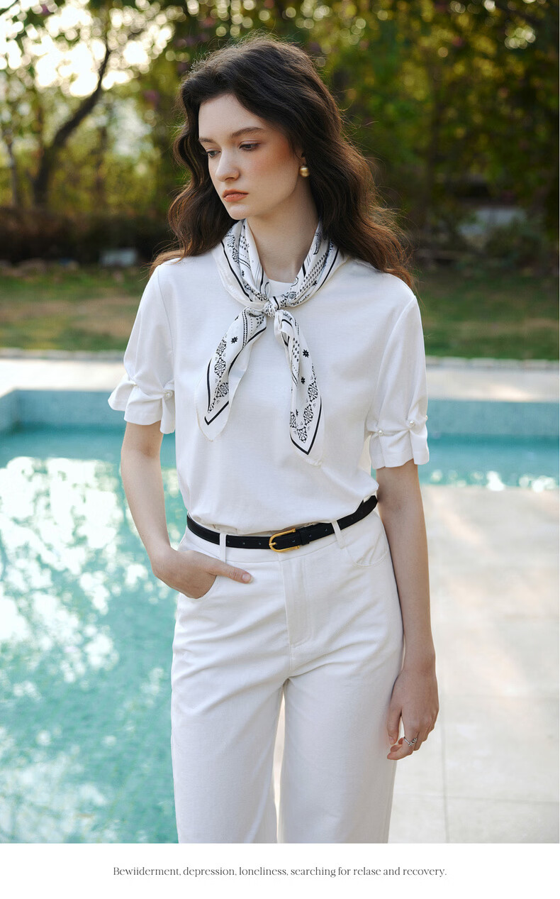 Olrain Summer New Ribbed Crew Neck Deconstructed Gathered Cuff Short Sleeve T-Shirt for Women, Off-White, Size S 9