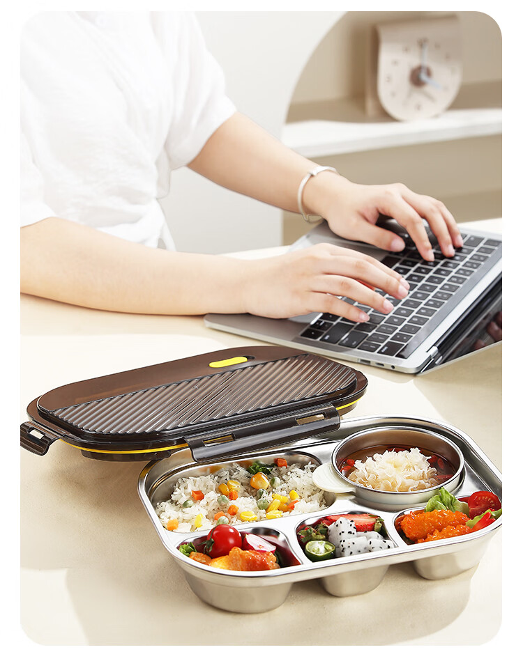 Yolunmei 304 Stainless Steel Divided Lunch Tray Large Capacity Covered Five-Compartment Bento Box for Office Workers and Children 9
