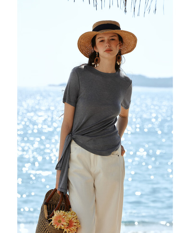 Olrain European Style Summer New French Tie Slim Fit High-End Versatile Short Sleeve T-Shirt for Women Green M 15