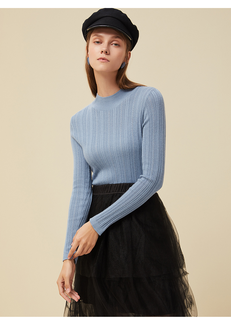 珍贝女装早秋新款羊绒衫薄款半高领修身纯色长袖上衣tm6031酱红xl110