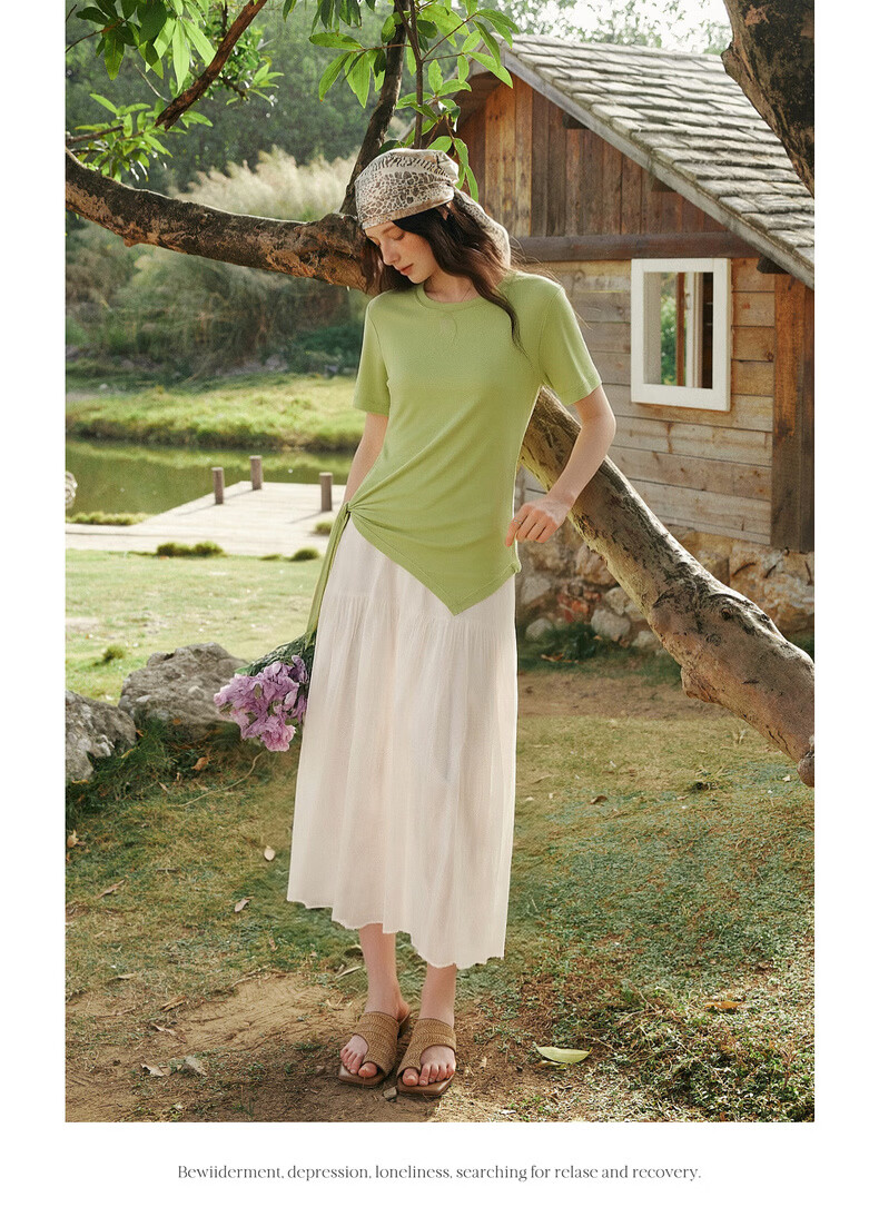Olrain European Style Summer New French Tie Slim Fit High-End Versatile Short Sleeve T-Shirt for Women Green M 13