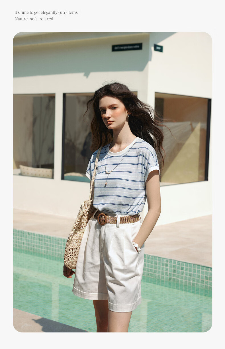 Olrain Summer New Blue and White Color Block Striped Loose Casual Commuting Short Sleeve T-Shirt for Women Striped L 7