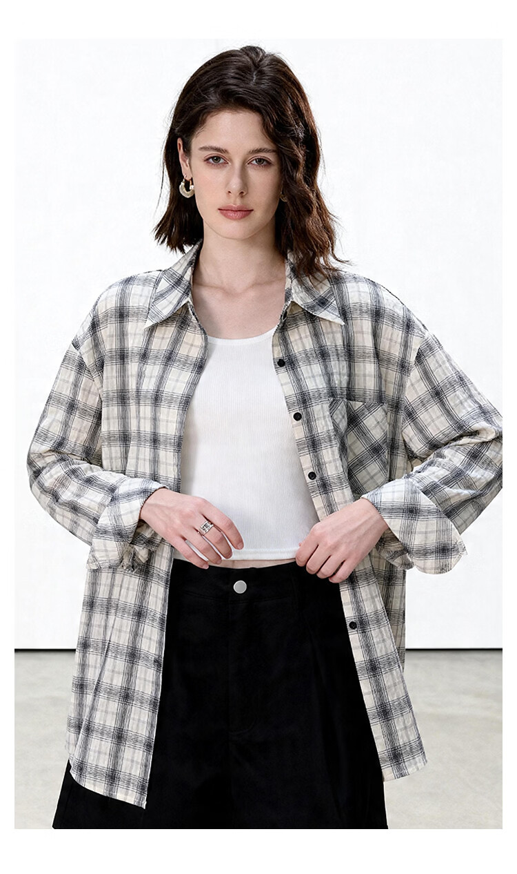 ENC Thin White Checkered Shirt Women Oversize Style 2026 Spring Summer Korean Loose Sun Protection Versatile Layering Top 9