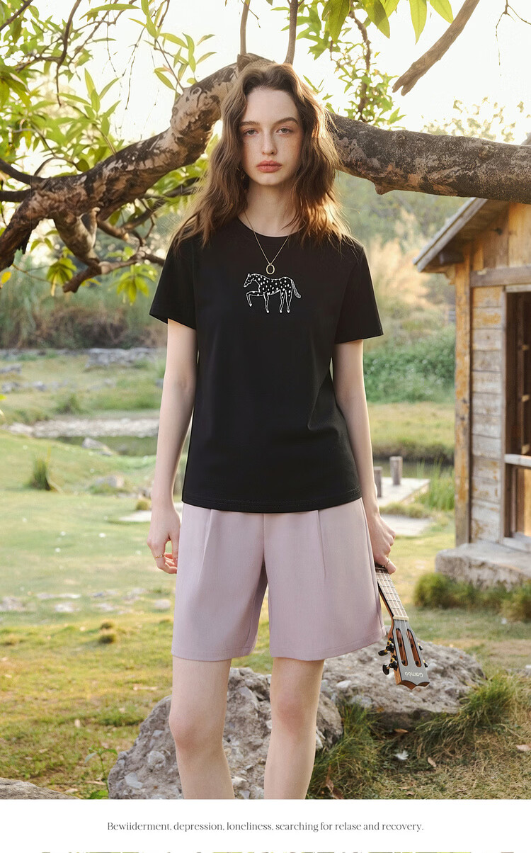 Olrain Summer New Pure Cotton Casual Loose Women's Printed Design Commuter Short Sleeve T-Shirt Black XL 10