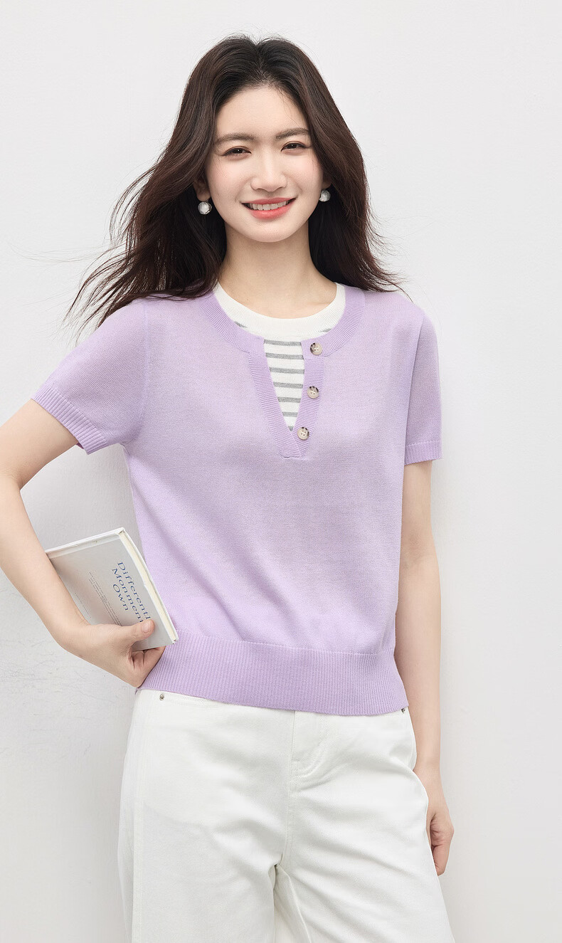 Sllsky Women's Purple Striped Patchwork Knit Top Thin Round Neck Short Sleeve 2026 Summer 2